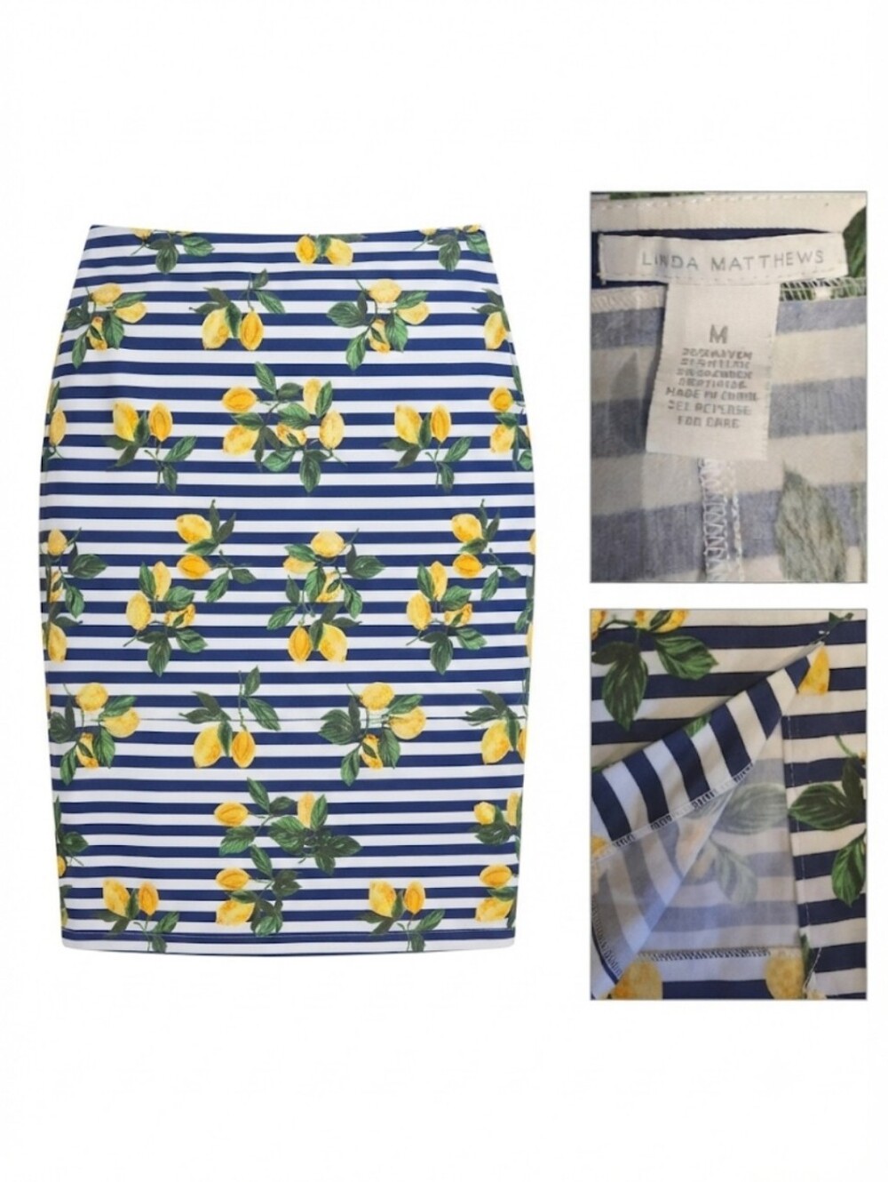 Linda Matthews Navy & Yellow Lemon-Print Pencil Skirt